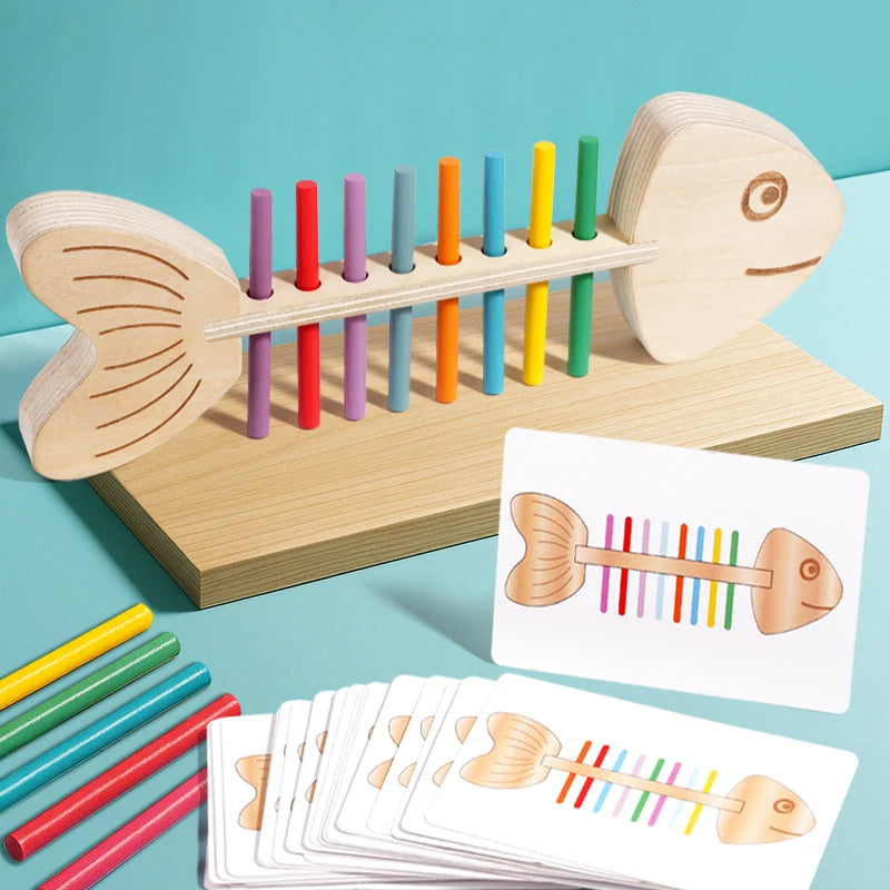 Juego educativo de madera para bebé con forma de pez y piezas de colores